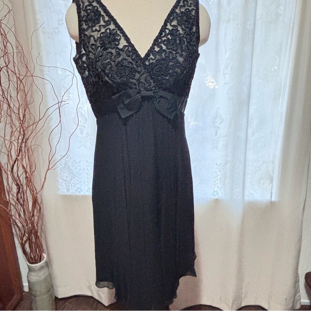 Vintage Miss Elliette 1970’s Elegant Black Lace Top Dress with Bow Detail size10